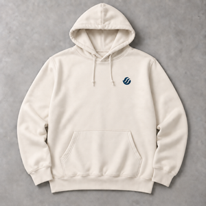 Iloilo Paraw Hoodie in Bone, front flat lay with navy left-chest wave