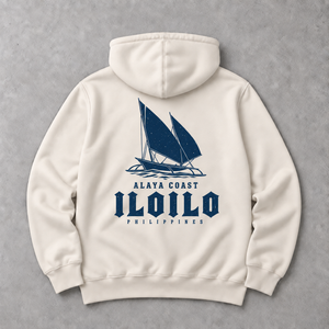 Iloilo Paraw Hoodie in Bone, back flat lay with navy paraw artwork