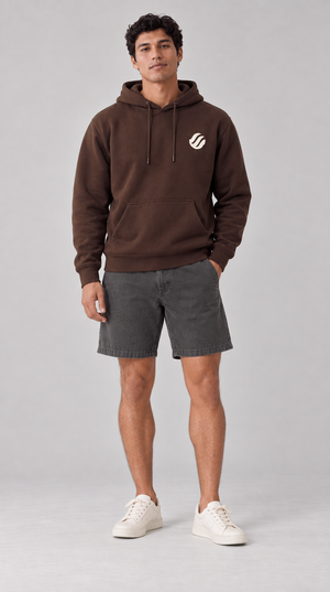 Baler Bangka Hoodie in Brown with warm ivory print, front model view