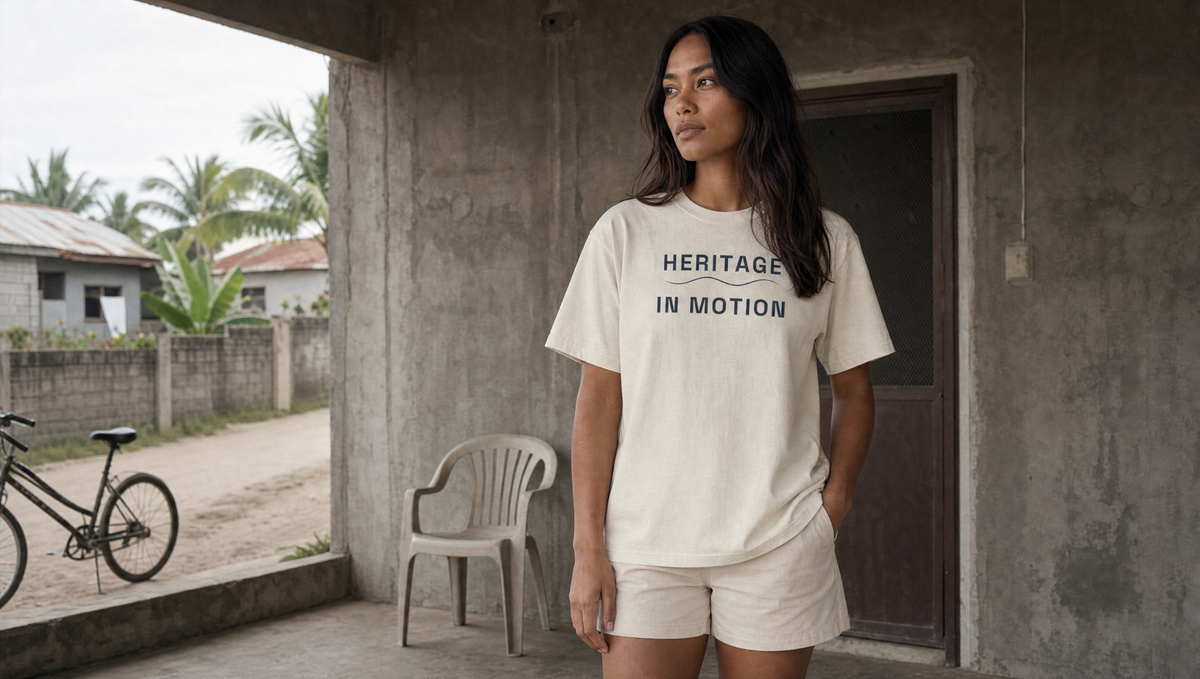 Female model wearing the ivory Coast Anthem Tee on a shaded porch.