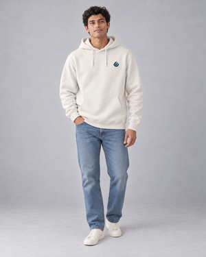 Iloilo Paraw Hoodie in Bone, front model with navy left-chest wave