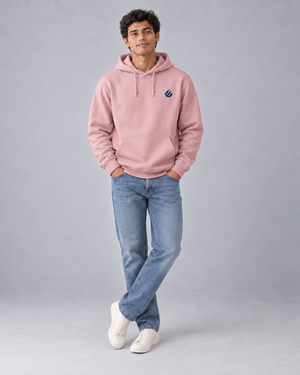 Iloilo Paraw Hoodie in Dusty Pink, front model with navy left-chest wave