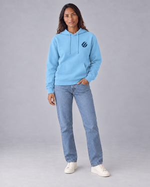 Zamboanga Vinta Hoodie in Blue Aqua, front model view with navy chest wave