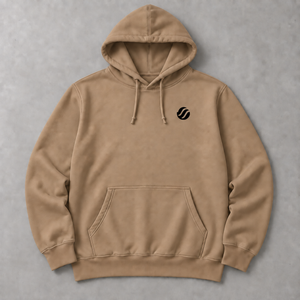 Babuyan Humpback Hoodie in Sandstone with black chest wave, front flat lay