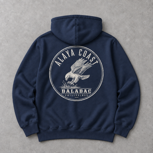 Balabac Sea Eagle Hoodie in Navy, back flat lay with eagle badge