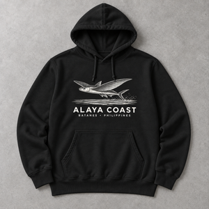 Batanes Flying Fish Hoodie in Black, front flat lay