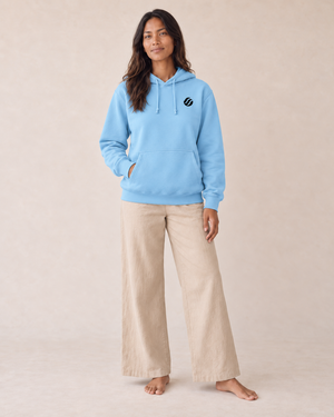 Babuyan Humpback Hoodie in Blue Aqua, front view on model