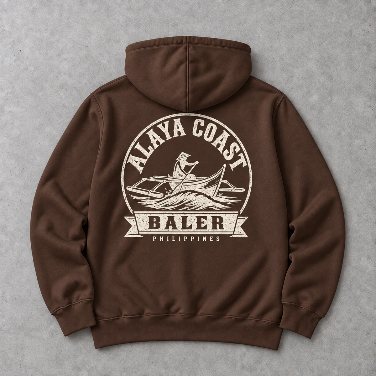 Baler Bangka Hoodie in Brown, flat lay back with warm ivory boat graphic