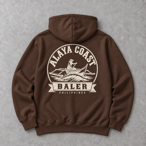 Baler Bangka Hoodie in Brown, flat lay back with warm ivory boat graphic