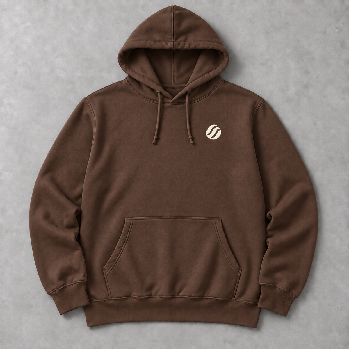 Baler Bangka Hoodie in Brown, flat lay front with warm ivory wave mark
