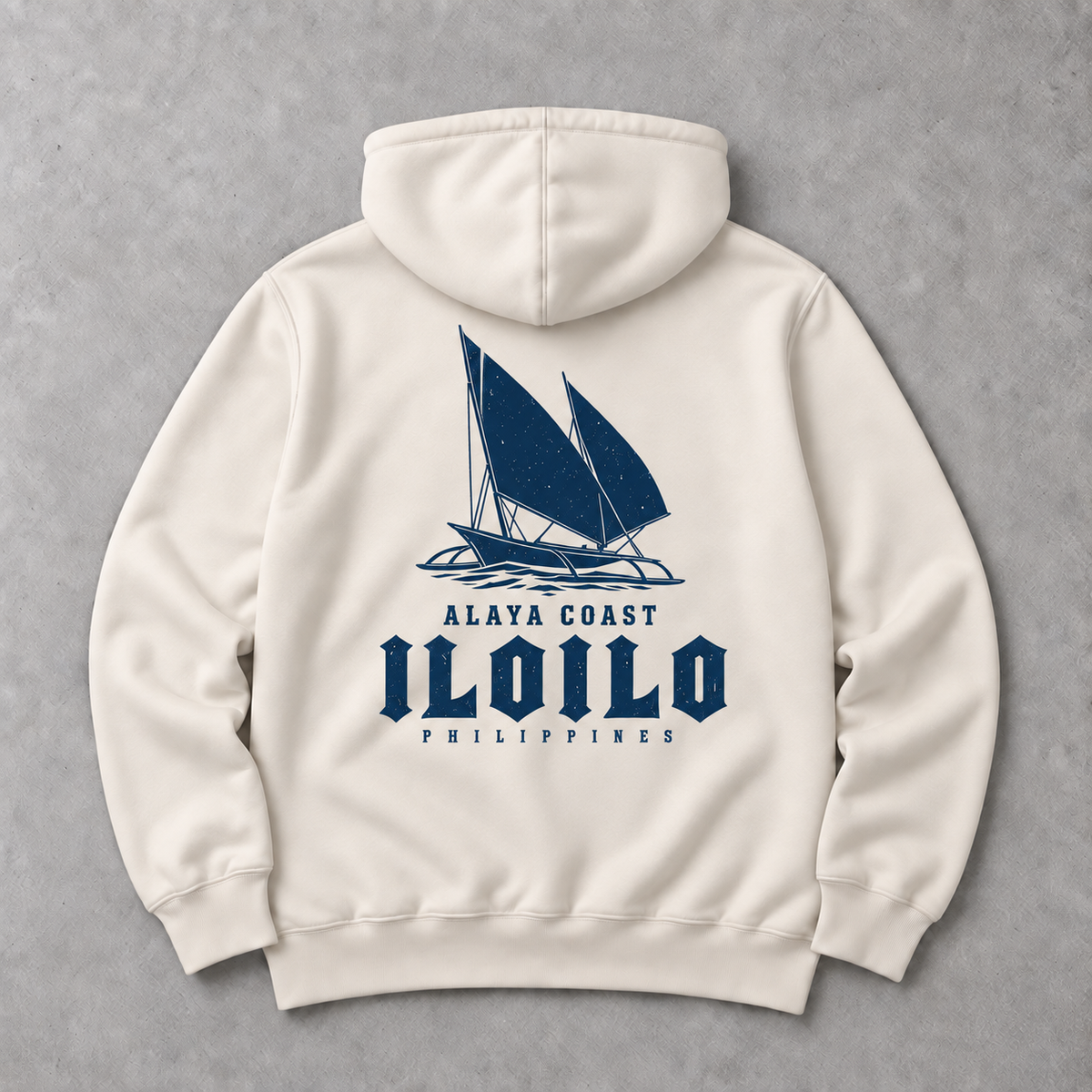 Iloilo Paraw Hoodie in Bone, back flat lay with navy paraw artwork
