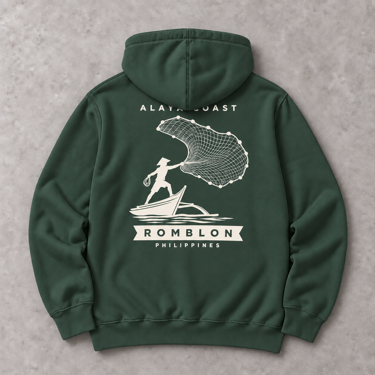 Romblon Netcaster Hoodie in Alpine Green, back flat