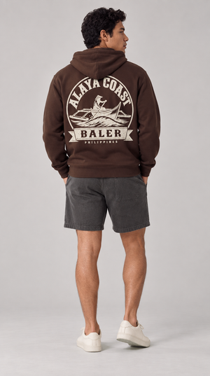 Baler Bangka Hoodie in Brown with warm ivory print, back model view