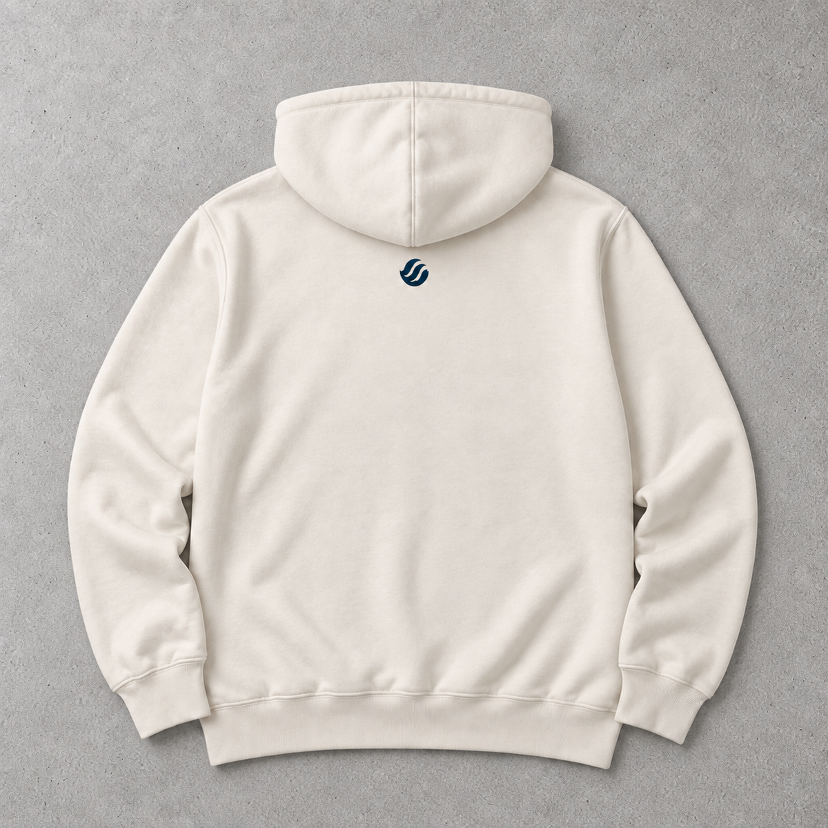 Alaya Coast hoodie in Bone, back flat lay with small navy wave mark