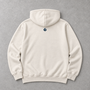 Alaya Coast hoodie in Bone, back flat lay with small navy wave mark