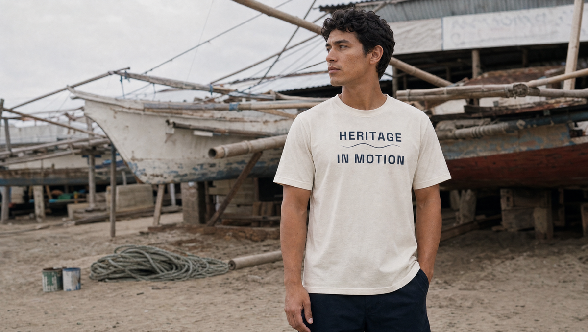Male model wearing the ivory Coast Anthem Tee beside wooden boats.