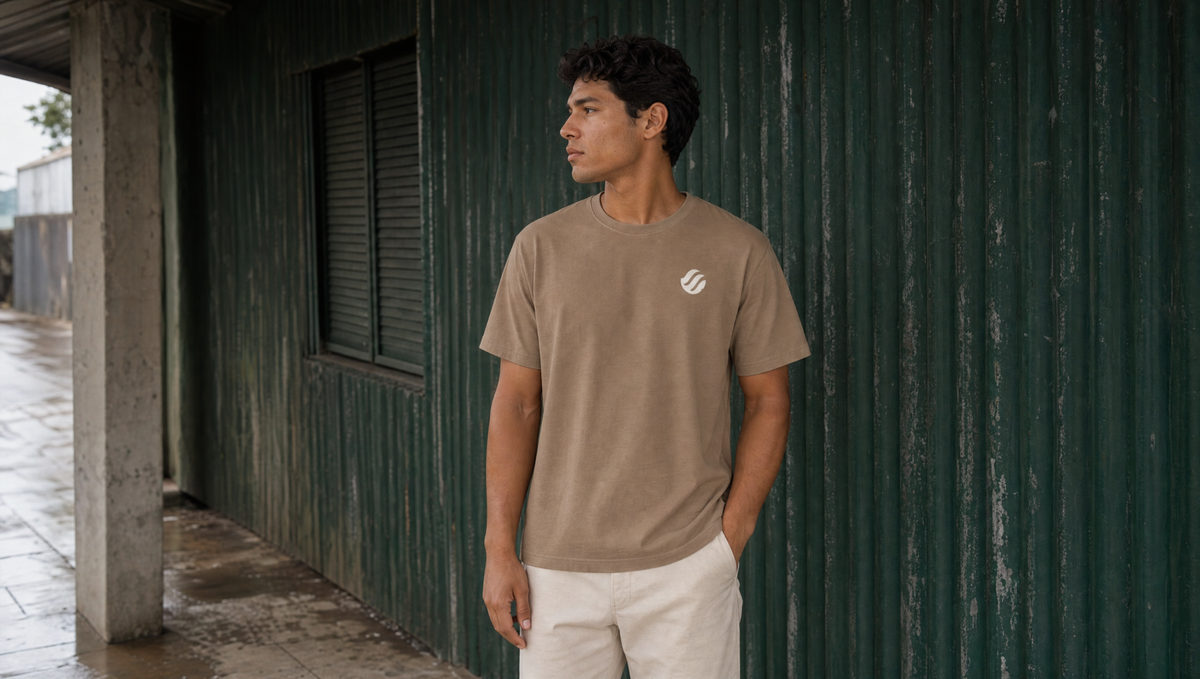Male model wearing the sand Coast Standard Tee against weathered green shutters.