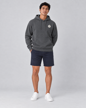 Romblon Netcaster Hoodie in Charcoal Heather, front on model