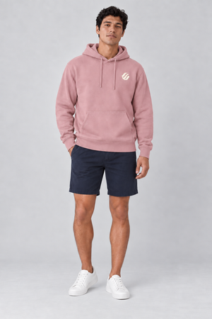 Romblon Netcaster Hoodie in Dusty Pink with ivory chest wave, front model view