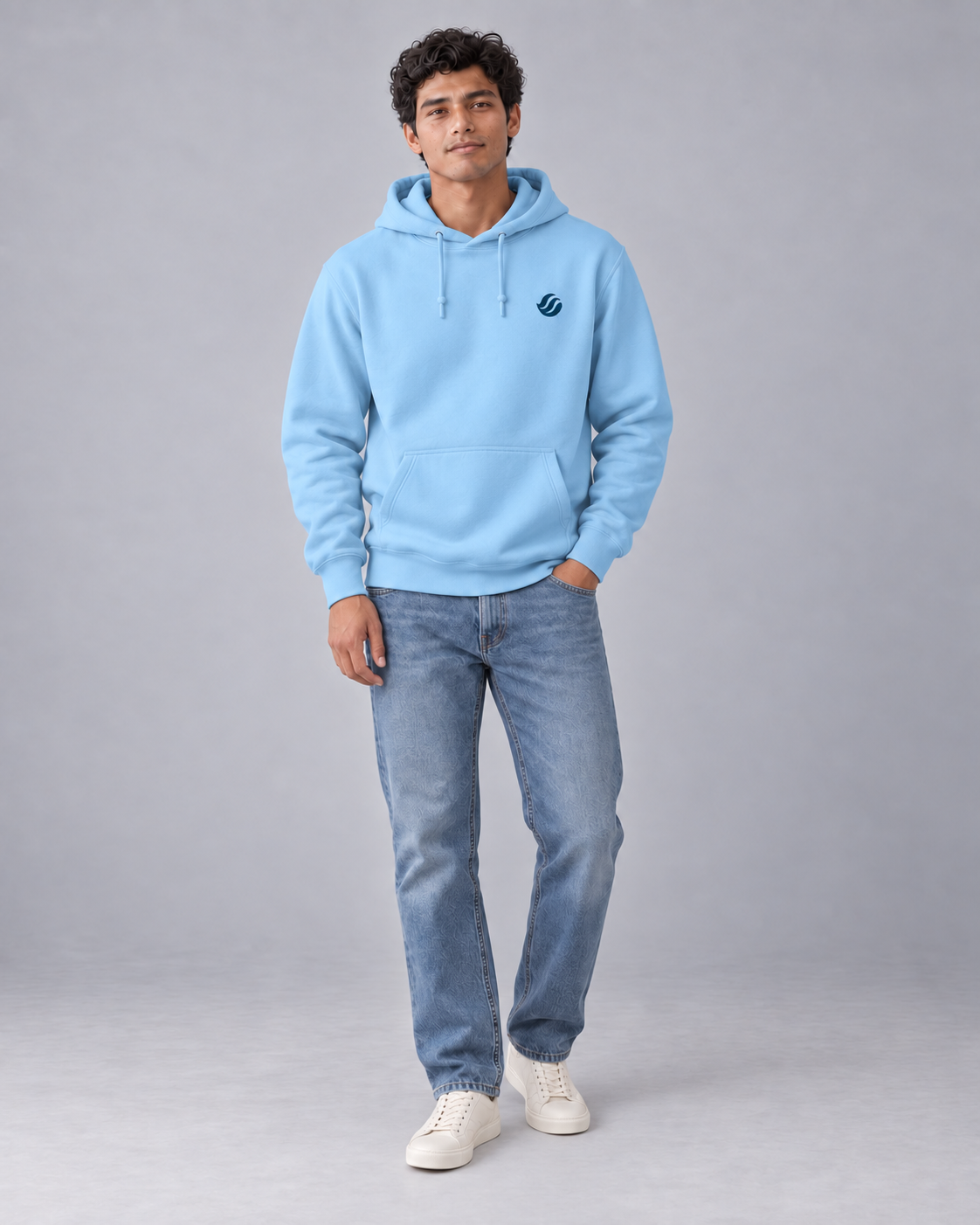 Iloilo Paraw Hoodie in Blue Aqua, front model with navy left-chest wave
