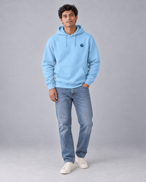 Iloilo Paraw Hoodie in Blue Aqua, front model with navy left-chest wave