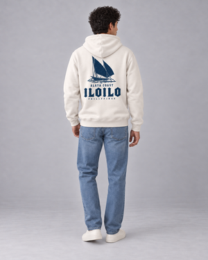 Iloilo Paraw Hoodie in Bone, back model with navy paraw artwork