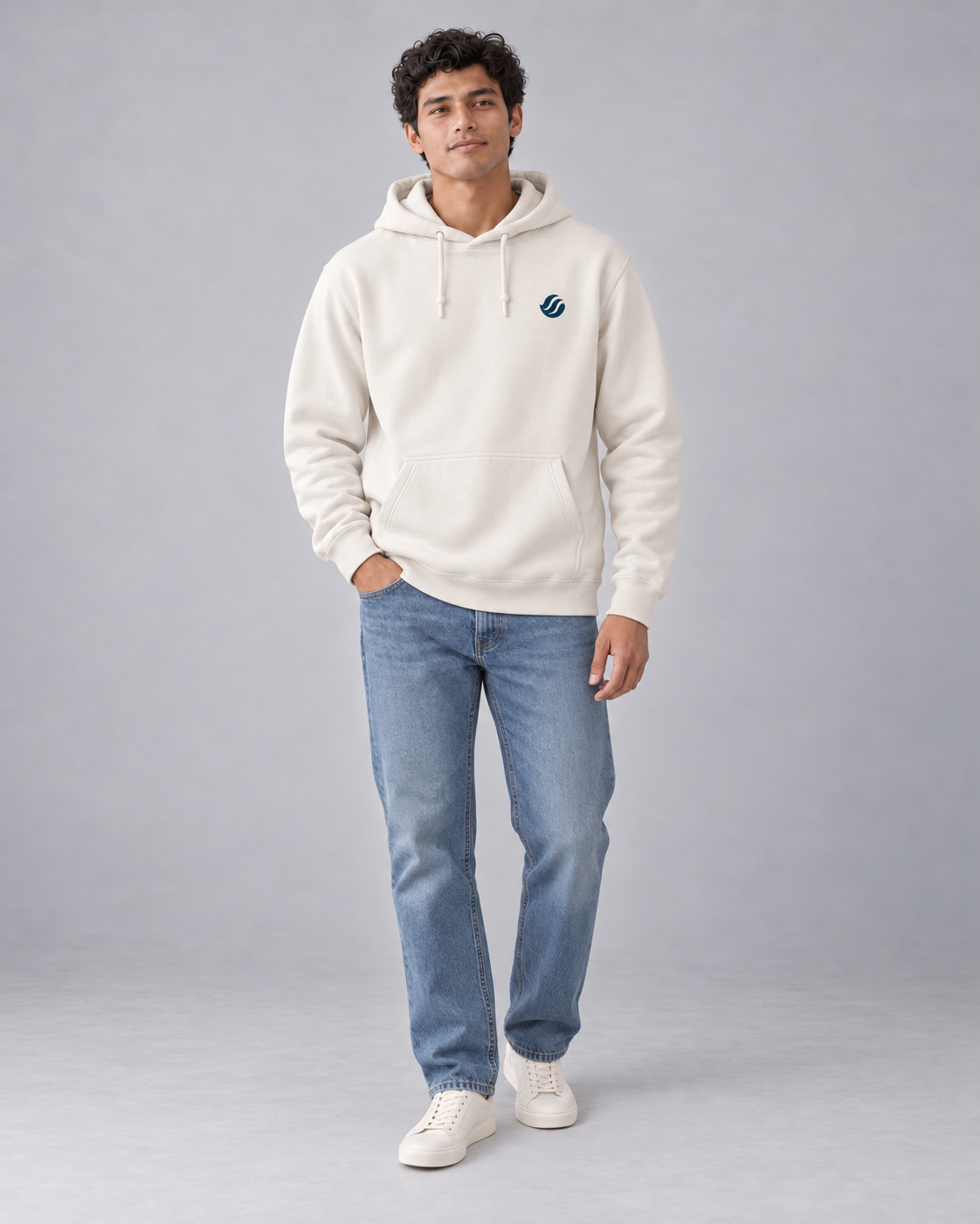 Iloilo Paraw Hoodie in Bone, front model with navy left-chest wave