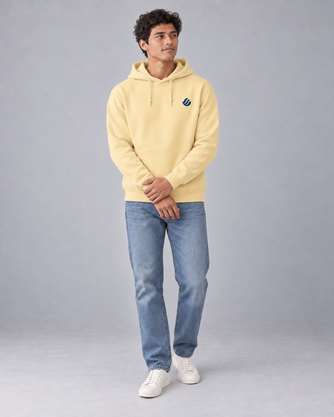 Iloilo Paraw Hoodie in Light Yellow, front model with navy left-chest wave