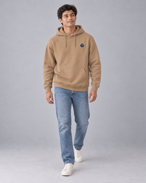 Iloilo Paraw Hoodie in Sandstone, front model with navy left-chest wave