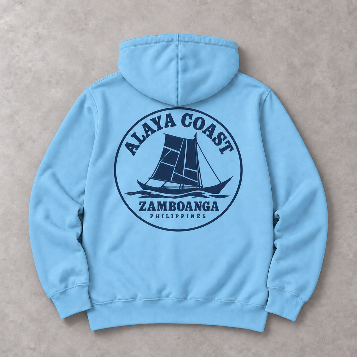 Zamboanga Vinta Hoodie in Blue Aqua, back flat lay with navy sail graphic