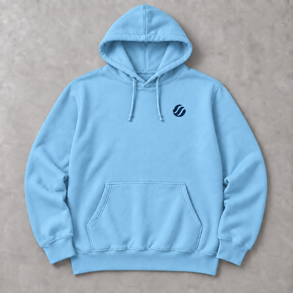 Zamboanga Vinta Hoodie in Blue Aqua, front flat lay with navy chest wave