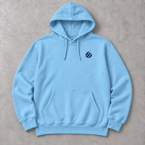 Zamboanga Vinta Hoodie in Blue Aqua, front flat lay with navy chest wave