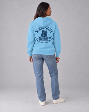 Zamboanga Vinta Hoodie in Blue Aqua, back model view with navy sail graphic