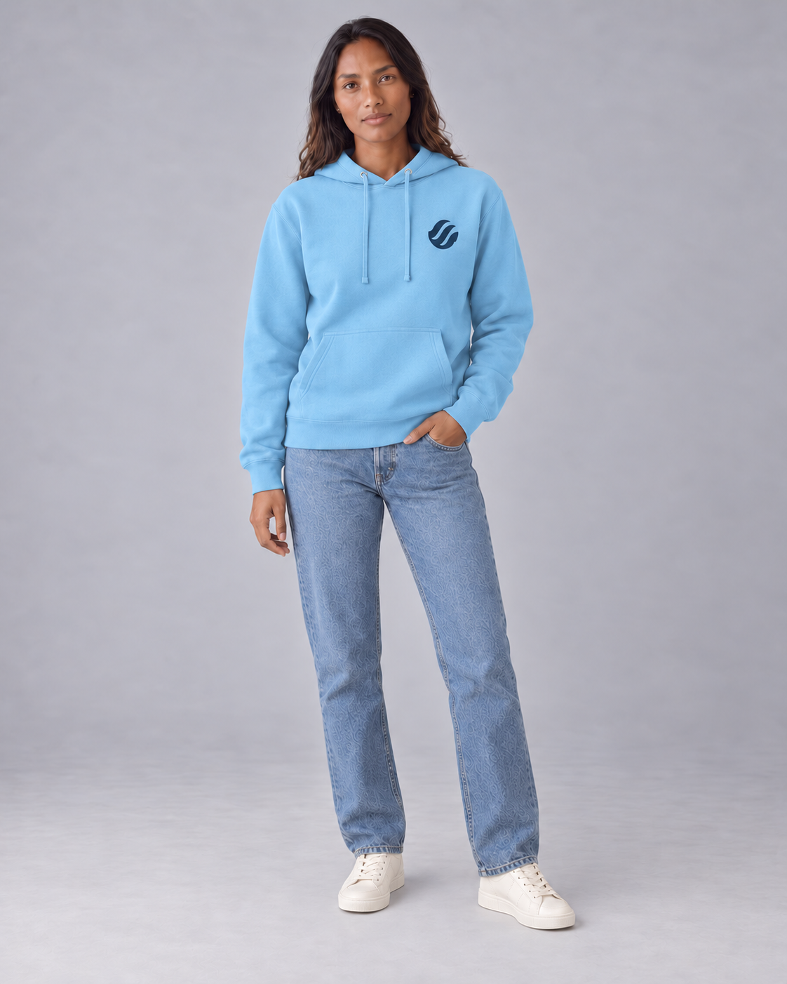 Zamboanga Vinta Hoodie in Blue Aqua, front model view with navy chest wave