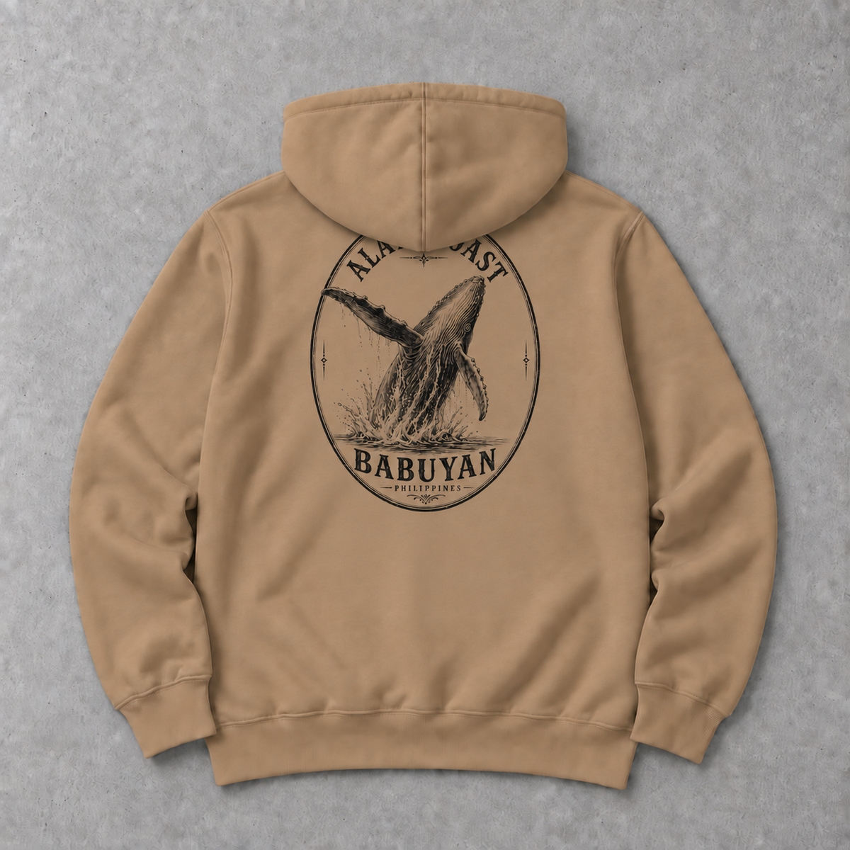 Babuyan Humpback Hoodie in Sandstone, back flat lay with black whale print
