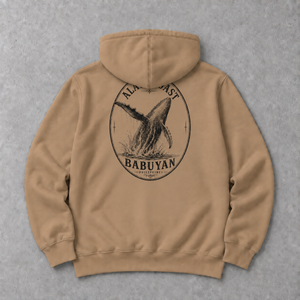 Babuyan Humpback Hoodie in Sandstone, back flat lay with black whale print
