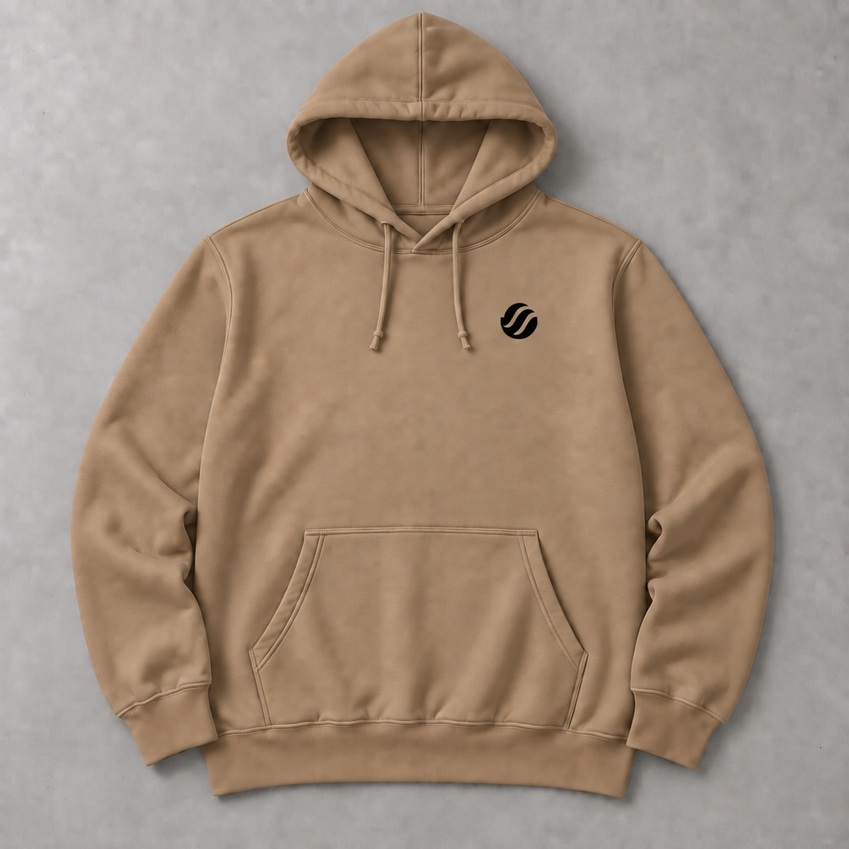 Babuyan Humpback Hoodie in Sandstone with black chest wave, front flat lay