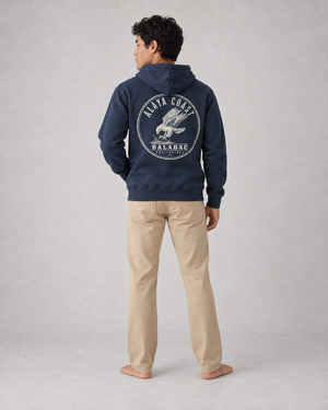 Balabac Sea Eagle Hoodie in Navy, back on model with ivory eagle print
