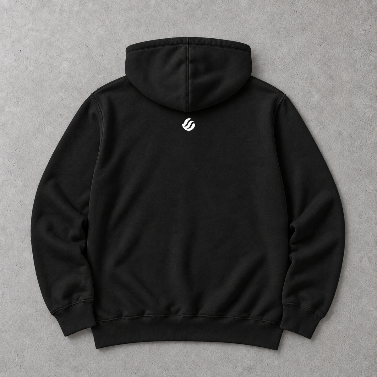 Batanes Flying Fish Hoodie in Black, back flat lay with white wave