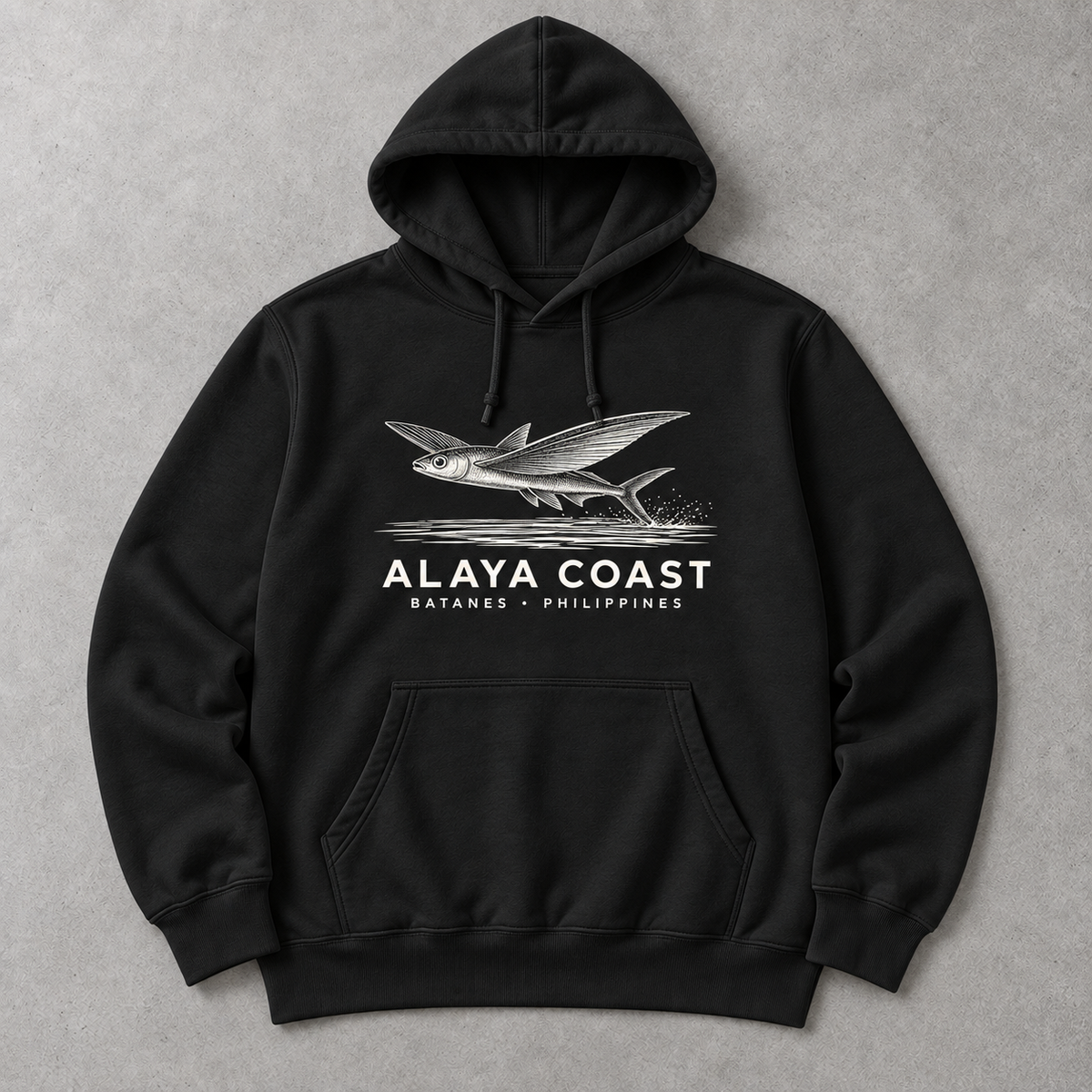 Batanes Flying Fish Hoodie in Black, front flat lay