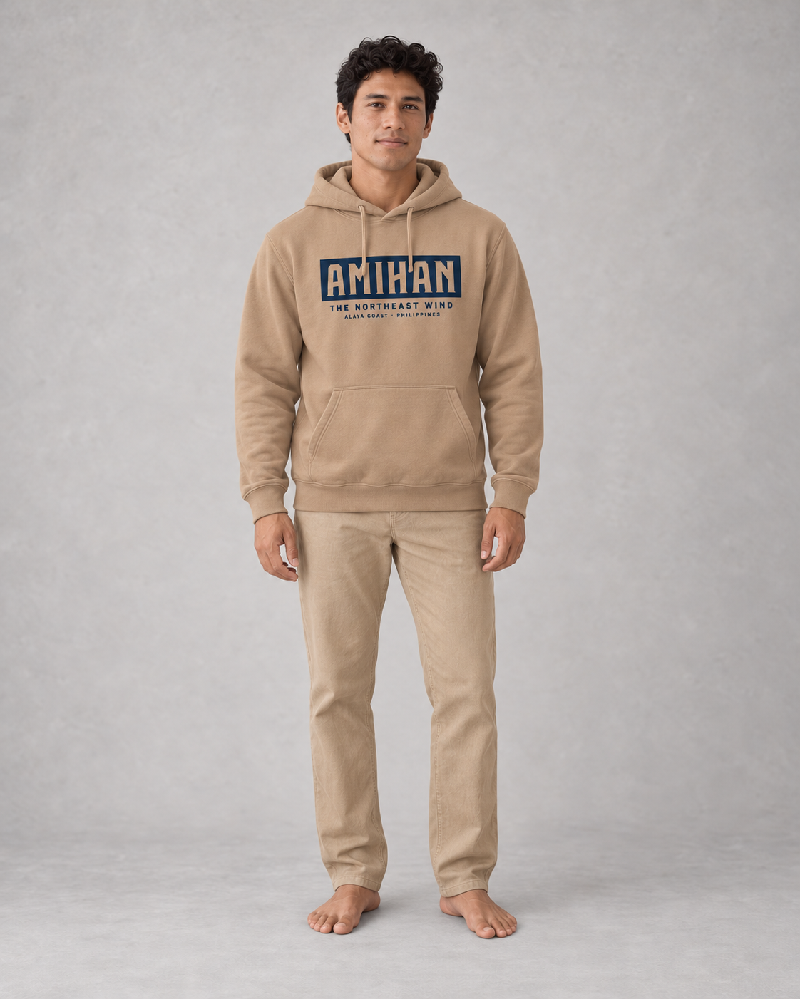 Amihan Hoodie in Sandstone, front view on model
