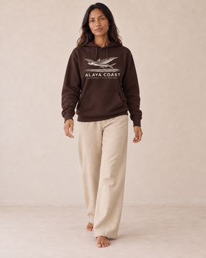 Batanes Flying Fish Hoodie in Brown, front view on model