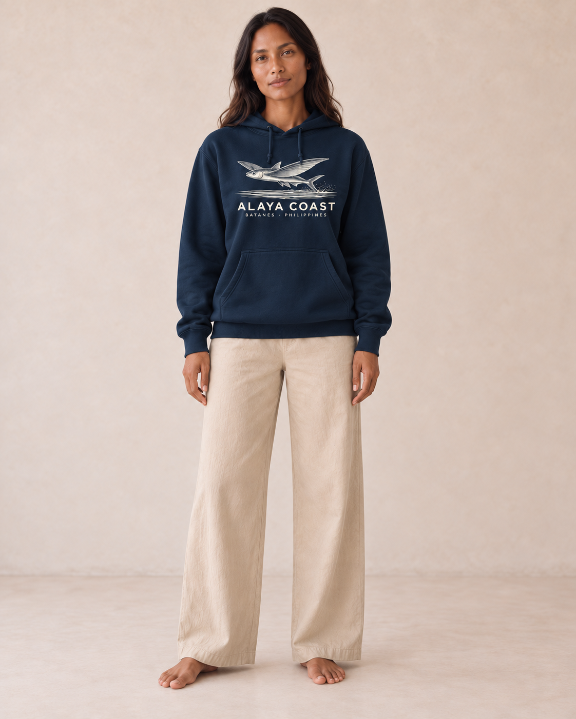 Batanes Flying Fish Hoodie in Navy, front view on model