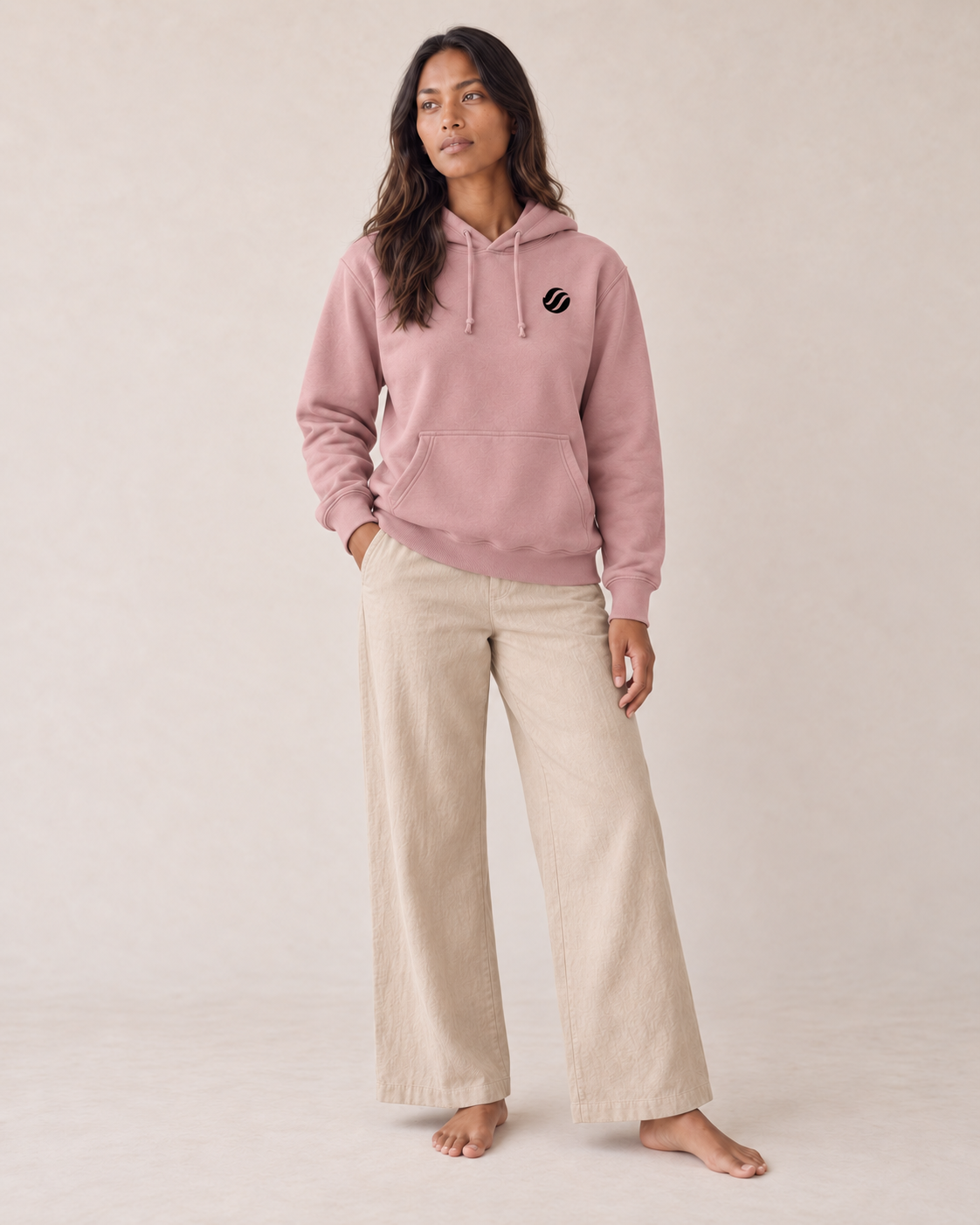 Babuyan Humpback Hoodie in Dusty Pink, front view on model